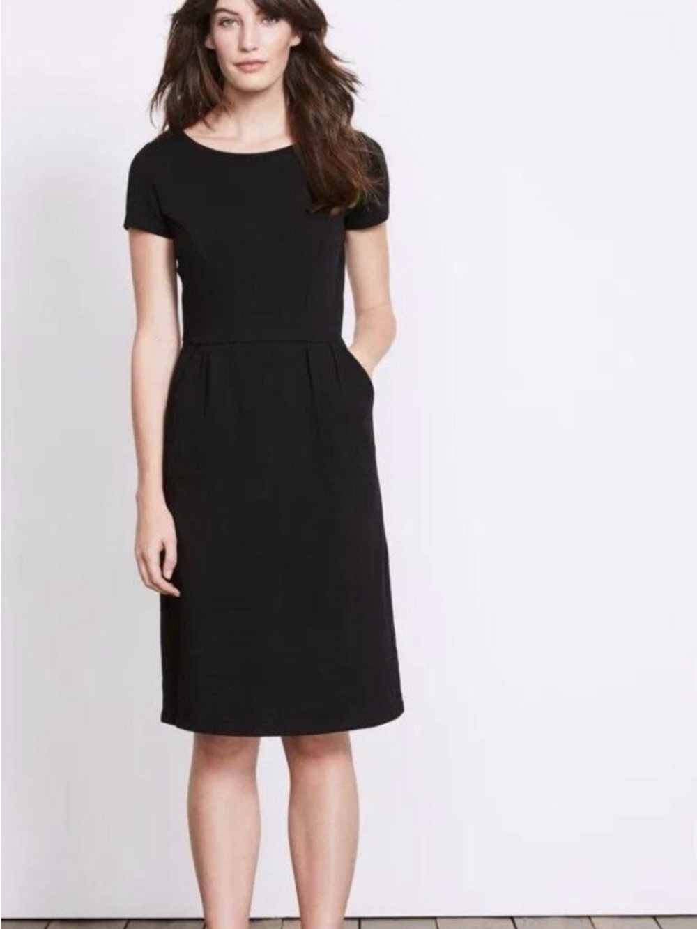 Boden Black Short-Sleeve Sheath Dress with Tailored Waist